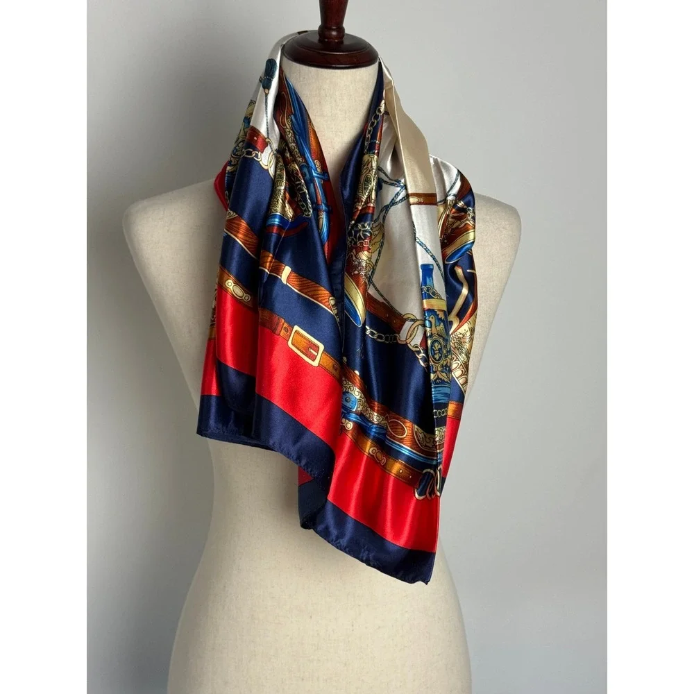 Equestrian Belt Chain Print‎ Square Scarf Navy Blue Red Silk Feeling Polyester